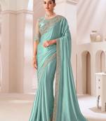 Turquoise embroidery sequins work satin chiffon saree with blouse