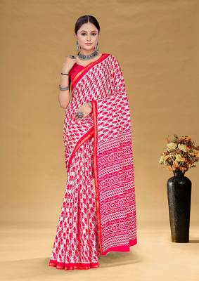 Pink soft pure cotton bagru printed saree with printed blouse piece 1