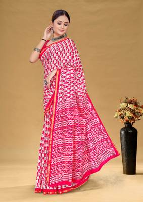 Pink soft pure cotton bagru printed saree with printed blouse piece 2