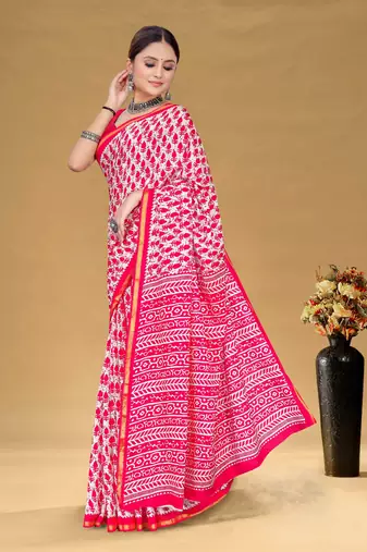 Pink soft pure cotton bagru printed saree with printed blouse piece