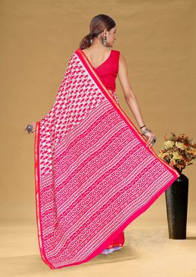 Pink soft pure cotton bagru printed saree with printed blouse piece 3