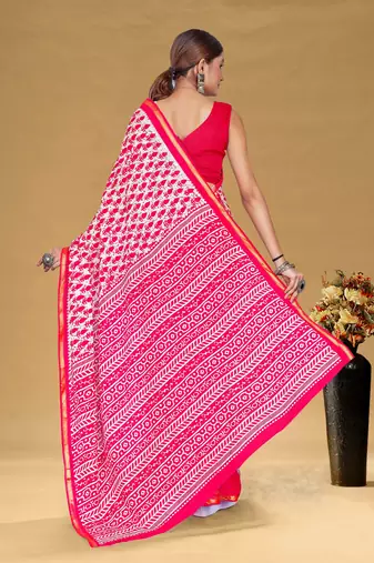 Pink soft pure cotton bagru printed saree with printed blouse piece