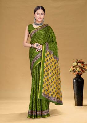 Green soft pure cotton bagru printed saree with printed blouse piece 1