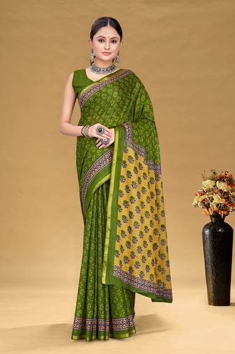 Green soft pure cotton bagru printed saree with printed blouse piece