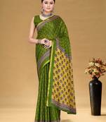 Green soft pure cotton bagru printed saree with printed blouse piece