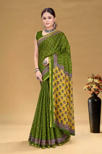 Green soft pure cotton bagru printed saree with printed blouse piece