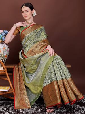 Dark green zari woven silk blend saree 1