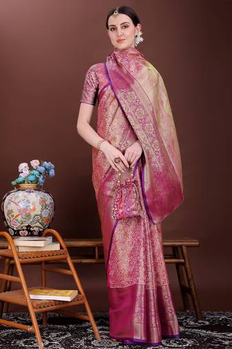 Dark pink zari woven silk blend saree