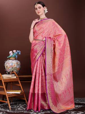 Pink zari woven silk blend saree 1