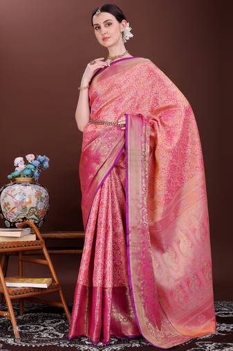 Pink zari woven silk blend saree