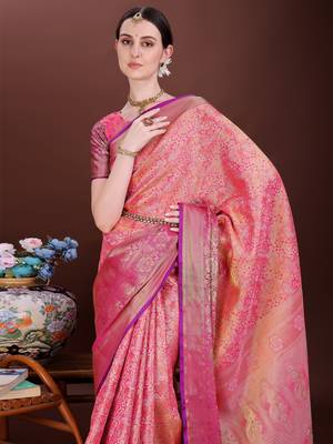 Pink zari woven silk blend saree 2