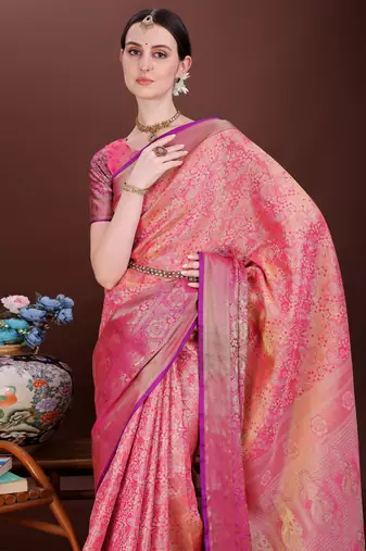 Pink zari woven silk blend saree