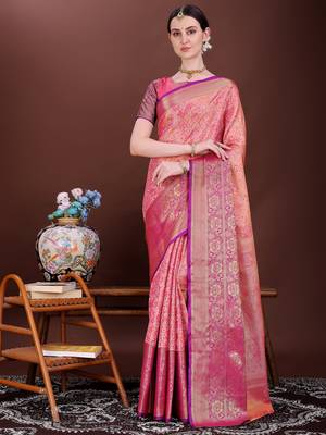 Pink zari woven silk blend saree 3