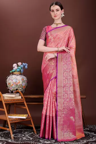 Pink zari woven silk blend saree
