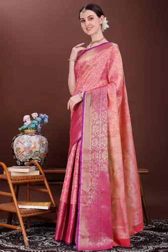 Pink zari woven silk blend saree