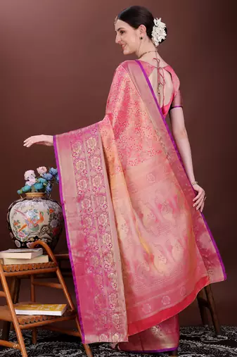 Pink zari woven silk blend saree