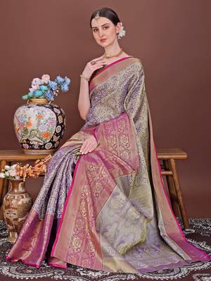 Purple zari woven silk blend saree 1