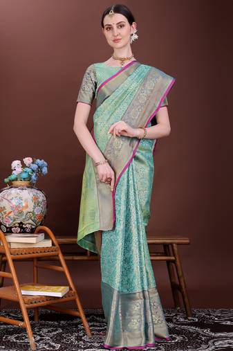 Teal zari woven silk blend saree