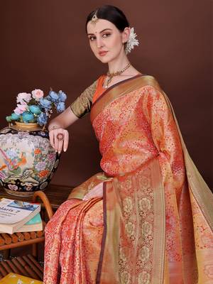 Red zari woven silk blend saree 2