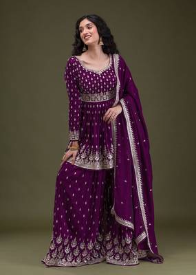 Art Silk Embroidery Pleated Kurta Sharara with Dupatta Salwar Suit Set 1
