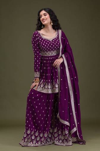 Art Silk Embroidery Pleated Kurta Sharara with Dupatta Salwar Suit Set