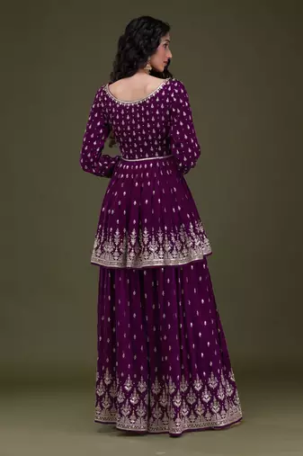 Trendmalls Art Silk Embroidery Pleated Kurta Sharara with Dupatta Salwar Suit Set