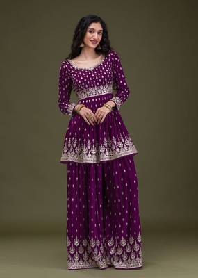 Art Silk Embroidery Pleated Kurta Sharara with Dupatta Salwar Suit Set 4