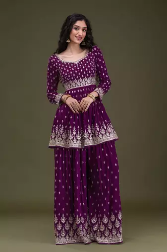 Trendmalls Art Silk Embroidery Pleated Kurta Sharara with Dupatta Salwar Suit Set