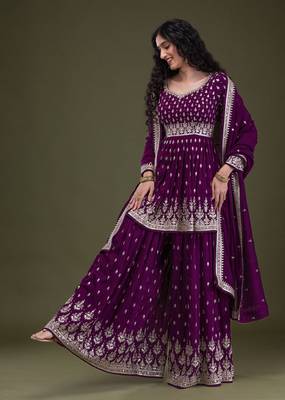 Art Silk Embroidery Pleated Kurta Sharara with Dupatta Salwar Suit Set 5