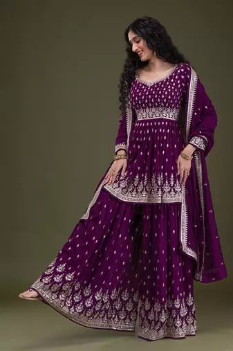 Trendmalls Art Silk Embroidery Pleated Kurta Sharara with Dupatta Salwar Suit Set