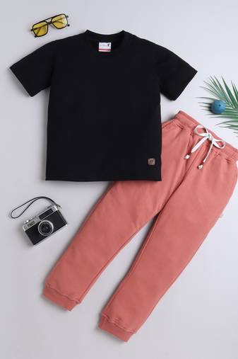 Black and peach knitted half sleeves and full lenght t shirt and jogger for girls and boys