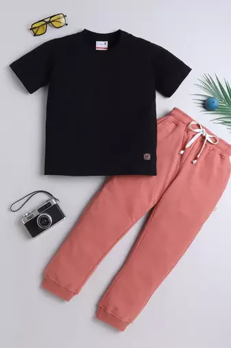 Black and peach knitted half sleeves and full lenght t shirt and jogger for girls and boys