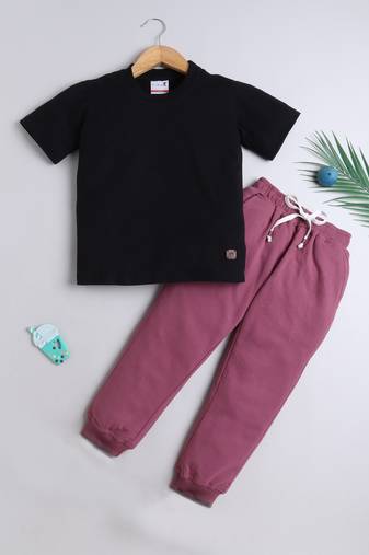 Black and purple knitted half sleeves and full lenght t shirt and jogger for girls and boys
