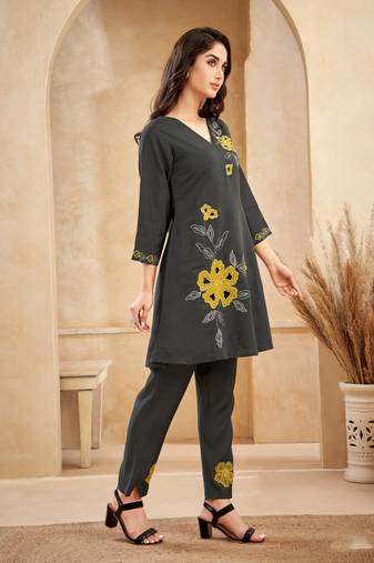 Grey embroidered viscose rayon raya angel co ord sets