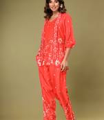Red printed blended cotton raya angel co ord sets