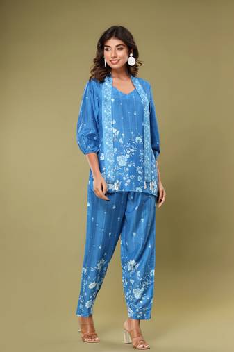 Blue printed blended cotton raya angel co ord sets