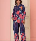 Navy blue printed blended cotton raya angel co ord sets