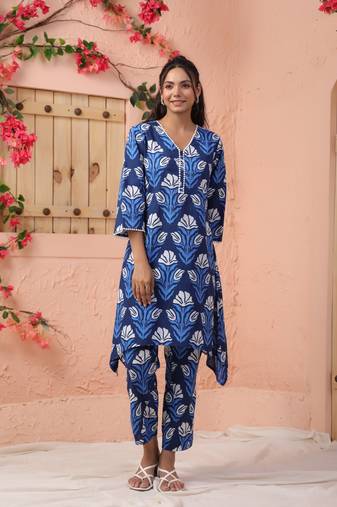Blue printed cotton raya angel co ord sets