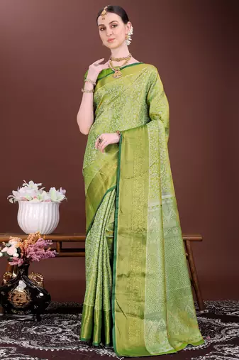 Mint green zari woven silk blend saree