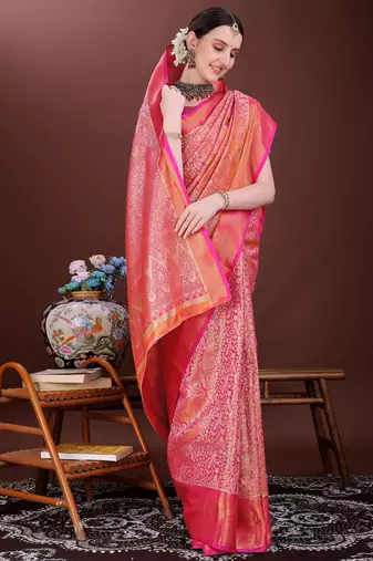 Pink zari woven silk blend saree