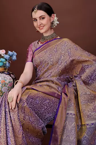 Purple zari woven silk blend saree