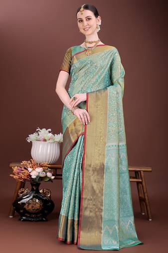 Teal zari woven silk blend saree