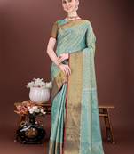 Teal zari woven silk blend saree