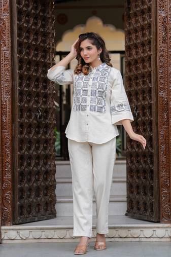 White embroidered cotton raya angel co ord sets