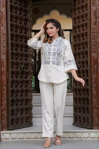 White embroidered cotton raya angel co ord sets