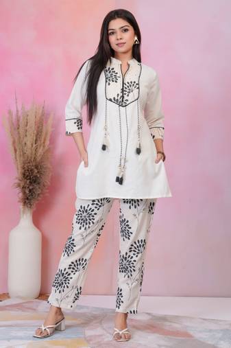 White printed cotton raya angel co ord sets