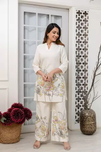 White printed cotton raya angel co ord sets