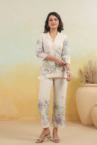 White printed cotton raya angel co ord sets
