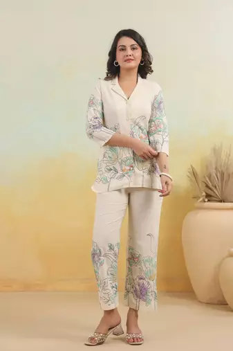 White printed cotton raya angel co ord sets