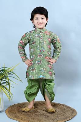 Green cotton silk crochet animal printed kurta & dhoti set for Boys 1